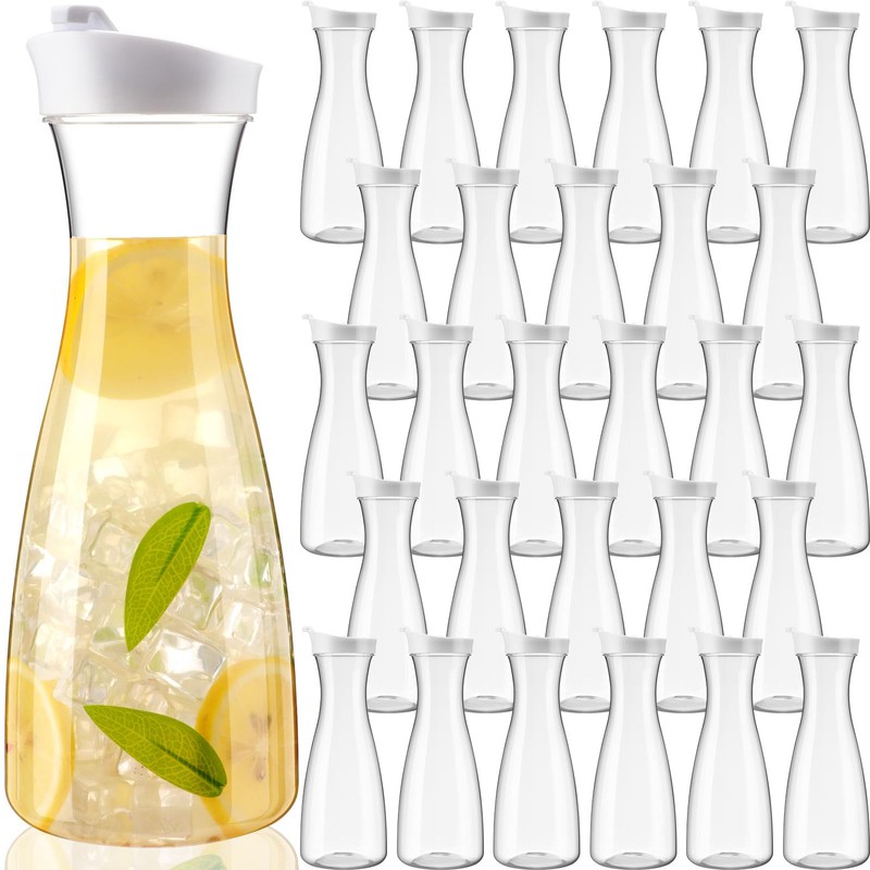 Reallnaive 30 Packs Plastic Carafe with Lids, 34 oz Clear