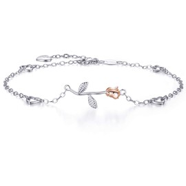 Van Chloe Women 925 Sterling Silver Love Rose Flower Anklet White Gold Plated CZ Diamond Ankle Bracelet for Women