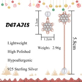 Hasnsofie Silver Christmas Earrings Hanging, 925 Sterling Silver Snowflake Stud Earrings for Women, Hypoallergenic Long Tassel Drop Earrings with Zirconia, Dangle Earrings for Christmas Day, Cubic