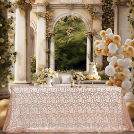 Juya Delight Rose Gold Sequin Tablecloth Embroidery Flower Tablecloth Rectangle Sparkly Table Cover for Wedding Home Outdoor Party Decorations,90x132Inches