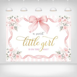 Printspree Coquette Pink Bow Baby Shower Backdrop 9x6ft - Elegant Floral A Sweet Little Girl is on The Way Background for Girl Baby Shower Gender Reveal Party Decorations and Nursery Decor