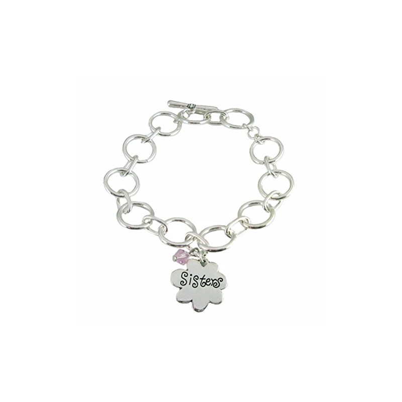 Sister Flower Charm & Crystal Toggle Bracelet ~ Silver Tone