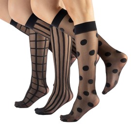 CALZITALY 3 Pairs of Women's Patterned Socks, Fine Elegant Socks with Pattern, Fashion Socks, Dots, Stripes, Chequered, Made in Italy, Knee Socks - Black