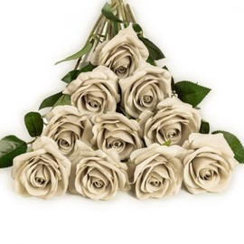 DuHouse 10pcs Silk Roses Artificial Flowers Fake Rose for Arrangement Wedding Party Home Decoration (Sand)