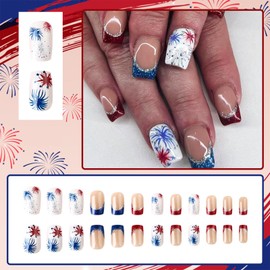 LBPEPAMZ 24Pcs 4th of July Press on Nails Short Medium Square Fake Nails with Glitter Firework Design Independent Day Acrylic Nails False Nails Red Green Bling French Tips Glue on Nails for Women