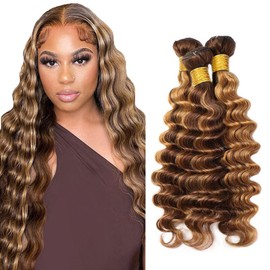 Highlight Human Hair Bundles Ombre Deep Wave Bundle 8A Brazilian P4/27 Deep Wave Bundle Human Hair Weave Double Weft Honey Blonde Deep Wave 3 Bundle 12 12 12 Inch