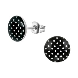 Bungsa Round Stud Earrings Rockability Style 10 mm White Dots on Black Background Made of 316L Stainless Steel, Stainless Steel, No Gemstone
