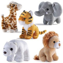 PREXTEX Safari Friends Stuffed Animal Gift Set - 5 Small Plush (Giraffe, Tiger, Lion, Polar Bear, Elephant) Zoo Animals - Machine Washable Stuffed Animals for Boys & Girls Ages 3-5+