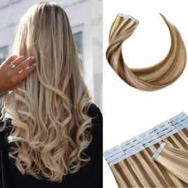 22" Remy Tape in Hair Extensions Human Hair 30g Thin Highlight #12/613 Golden Brown Mix Bleach Blonde Long Straight Hair Seamless Skin Weft Invisible Double Sided Tape 20pc/pack +10 Free Tape Bonds