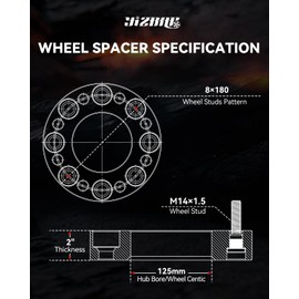 YIZBAP 2PCS 8x180 Wheel Spacers 2 inch for 2011-2023 Silverado 2500HD 3500HD Sierra 2500 HD 3500HD, 8x180 Wheel Spacers 125mm Hub Bore 14x1.5 Thread Pitch