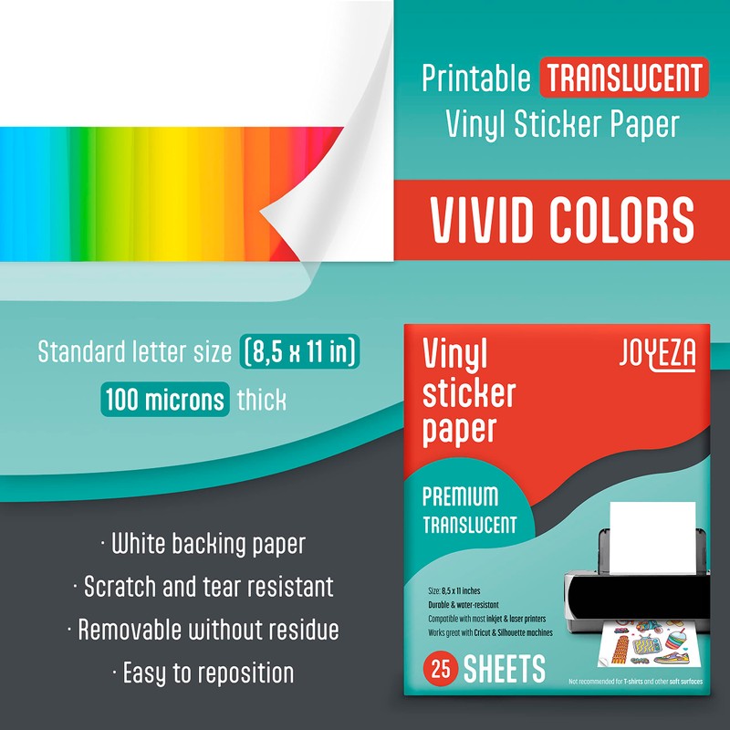 JOYEZA Premium Printable Vinyl Clear Sticker Paper for Inkjet Printer