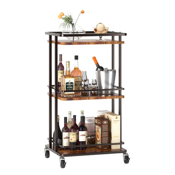 OKZEST 3 Tier Bar Cart for Home, Rolling Mini Liquor Bar for Wine Beverage Dinner Party, Utility Kitchen Storage Island Serving Cart on Wheels, Coffee Bar Cabinet for Kitchen Dining Living Room, Brown