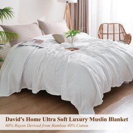 David's Home Ultra Soft Muslin Blanket King Size, 60% Rayon Derived from Bamboo 40% Cotton Throw, Cozy Breathable Lightweight Gauze for Bed, Aesthetic Room Decor,White