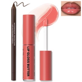 HOSAILY Butter Gloss with Brown Lip Liner Set Lip Combo, Moisturizing High Shine Nude Pink Lip Glow Oil Fresh Lightweight Glossy Plumping Lip Gloss for Women Long Wear Liquid Lipstick Makeup#5