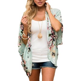 Women’s Floral Chiffon Cardigan – Lightweight Kimono Boho Beach Cover Up Shawl for Summer Swimwear, Casual Loose Blouse Green