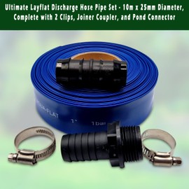 Ultimate Layflat Discharge Hose Pipe Set - 10m x 25mm Diameter, Complete with 2 Clips, Joiner Coupler, and Pond Connector for use with Submersible & Other Water Pumps. Set by MYPURECORE