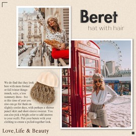 AynnQueen Beret with Hair Extensions for Women Hat with Kinky Curly Synthetic Wig Attached 8 inch Long Curly Hair Black Beret (Ginger Blonde Mix Bleach Blonde)