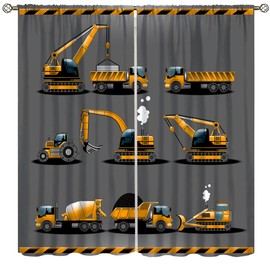 SENRUEGT Construction Car Curtains for Boy Girl Room,Yellow Cartoon Bulldozer Tractor Excavator Bedroom Living Room Home Rod Pocket Thermal Insulated Window Drapes 42x45 Inch, Style
