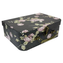 Emartbuy Set of 3 Rigid Luxury Presentation Suitcase Storage Gift Box, Black Floral Print, Black Interior with Metal Handle and Clasp
