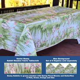 Newbridge Easter Bunny Rabbit Meadow Fabric Tablecloth, Spring Bunnies and Pastel Floral Easy Care, Stain Resistant Fabric Tablecloth, 70” Round