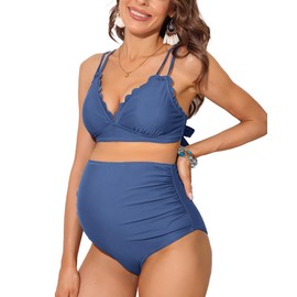 Charmo Maternity Scalloped Trim Bikini Set High Waist 2 Piece Pregnancy Swisuit with Padded Blue M