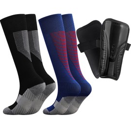 Aquzhou 2 Pairs Kids Football Socks with Kids Shin Pads, Aged 6-13 Boys Football Socks Cushioned Knee High Breathable Girls Boys Soccer Sock for Junior