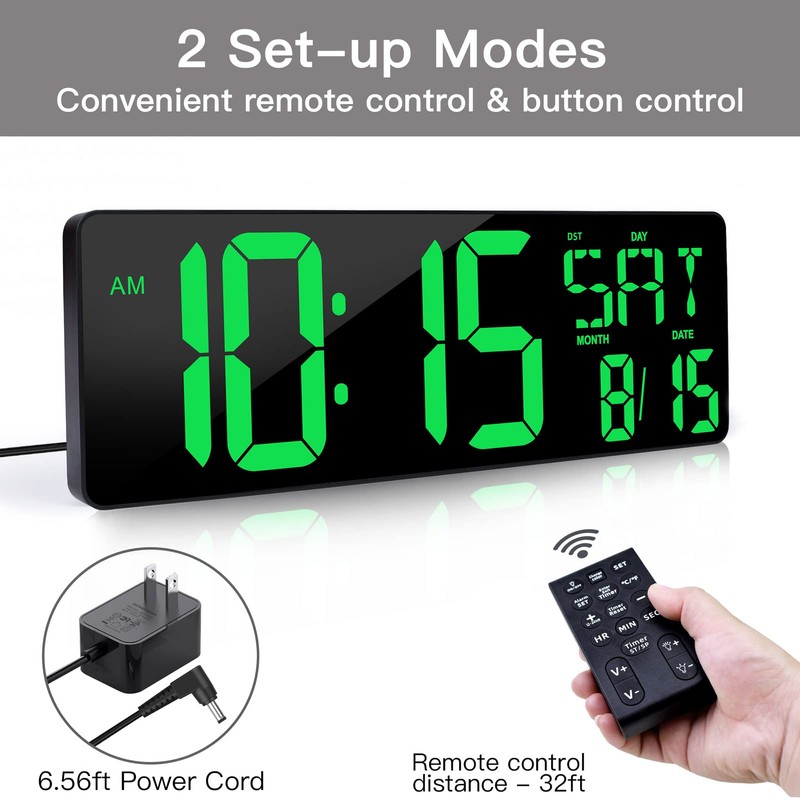 XREXS Large Digital Wall Clock with Remote Control, 16.5 Inch