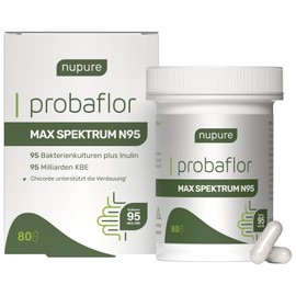 Nupure® Probaflor MAX SPEKTRUM N95 600 Mrd. KBE/g, 95 Stämme Größtes bakterielles Stammspektrum, mit Lactobacillus & Bifidobakterien, hochdosiert 95 Mrd. KBE, magensaftresistent, 80 Kapseln