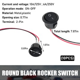SHMZK 10 PCS 12V Round Rocker Switch, 20mm AC 6A/250V 10A/125V SPST 2 Pin 2 Position Snap-in Rocker Switch, Mini On/Off Circle Toggle Switch with Pre-Wired Cable for Car Marine