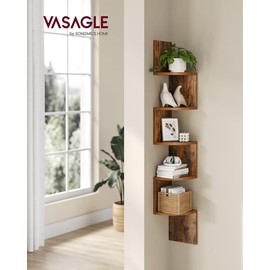 VASAGLE Corner Shelf Wall Mount, 5-Tier Floating Corner Bookshelf, Plant Shelf for Bedroom, Living Room, Bathroom, Home Office, Rustic Brown ULBC72BX