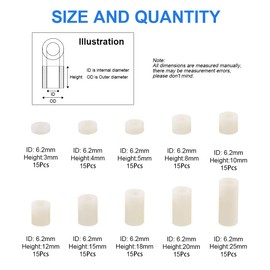 Glaks 150Pcs 10 Sizes ABS Plastic Round Spacer Assortment Kit, OD 11mm ID 6.2mm for M6 Screws, Round Straight Tube, Plastic Standoff (3mm, 4mm, 5mm, 8mm, 10mm, 12mm, 15mm, 18mm, 20mm, 25mm)