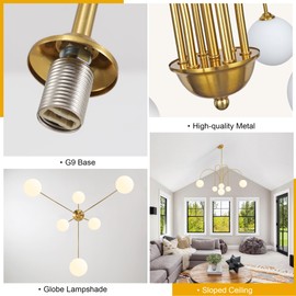 Gold Sputnik Chandelier,6 Lights Mid Century Chandelier for Dining Room Light Fixtures Over Table Large,Large L49” Ceiling Pendant Light Fixtures with Milk Glass Globe Shades for High Ceiling Foyer