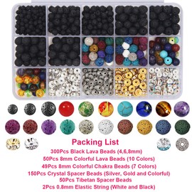 EuTengHao 602 Pieces Lava Bead Stones Set with 8mm Chakra Beads and Spacers, Elastic Band for Diffuse Essential Oils for Adults, DIY Jewelry Making, 602 Pieces