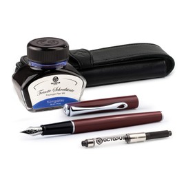 Diplomat Traveller Dark Red Fountain Pen Set, Metal Fountain Pen Set with Leather Pen Case, Royal Blue Writing Ink and Ink Converter, Fountain Pen with Stainless Steel Nib Size M