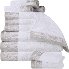 Superior 8 Piece Cotton Towel Set, Floral Jacquard Dobby Border, Quick Dry, Decorative Bathroom, Shower, Bath, Includes 2 Body, 2 Hand, 4 Face Towels/Washcloths, Wisteria Collection, White