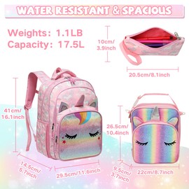 VASCHY Kids School Backpack Lunch Box Bag Pencil Case Combo, Children BookBag Schoolbag Set for Preschool/Kindergarten/Elementry School Supplies Boys Girls Glitter Unicorns