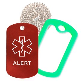 Alert Medical Alert ID Necklace with Red Tag, Green Silencer, and 30'' USA Chain - 154 Color Choices