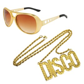 EUPSIIU 2 Pieces Hip Hop Costume, Disco Gold Chain Sunglasses, Rapper Costume, 70s 80s 90s Disco Necklace Sunglasses Hip Hop Costume Set for Rapper Fancy Dress Carnival Accessories (Golden)