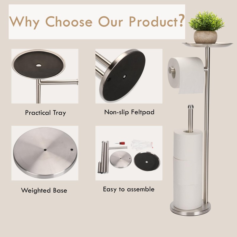 Kalitro Toilet Paper Holder Freestanding with Big Shelf, 4 Rolls