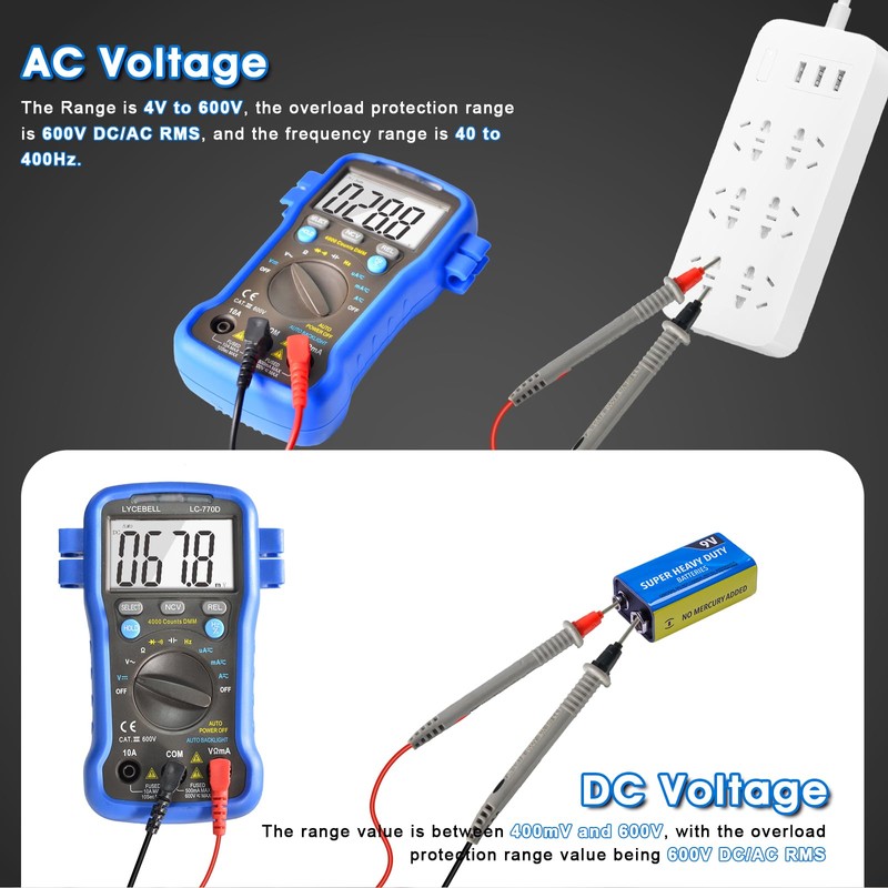 Digital Multimeter Tester 4000 Counts, AC DC Volt Ohm Amp