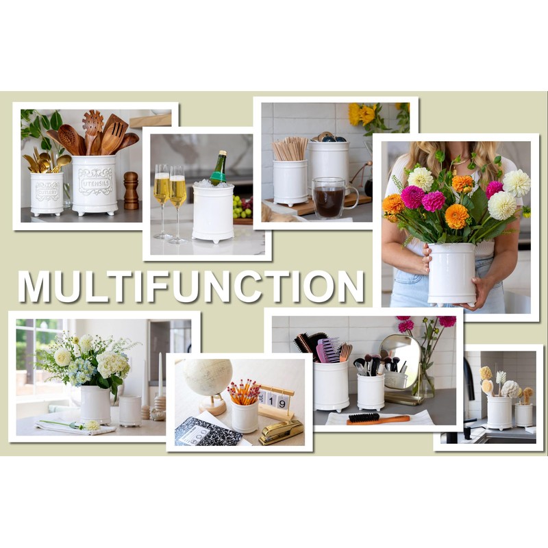 Large 7.3"+5.4" Elegant Ceramic Utensil Holder for Countertop, Cooking Utensils