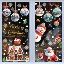Mifferer Christmas Window Stickers, 9 Sheet Snowflakes,Christmas Tree, Santa Claus, Bear Window Clings PVC Static Stickers for Christmas Window Display Xmas Christmas Decorations
