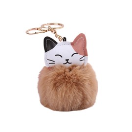 xuzhiyuan Fluffy Cartoon Cat Keyring Multicolor Cute Fluffy Ball Cat Keyring Faux Fur Ball Pom Pom Key Chain Bag Decoration-Khaki
