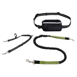 Petmotion Hands-Free Double Dog Lead with Waist Belt, Bungee Splitter Leash & Storage Pouch, Padded Handles, Reflective No-Pull Design for Running, Walking & Jogging, for Medium & Large Dogs (green)
