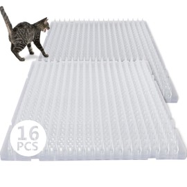16 Pack Cat Repellent Outdoor Mat Cats Dogs Plastic Bendable Spiked Deterrent Training Repellent PET Mats with Spikes for Indoor Outdoor Supplies, 18.3 Square Feet, 16 x 13 Inch(Clear)