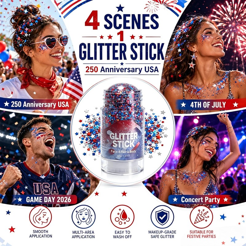 4th of July Face Glitter Stick, 2026 New Patriotic Red