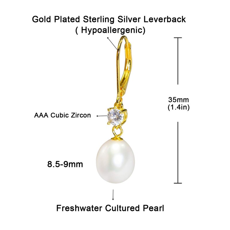 Gold Teardrop Pearl Leverback Earrings - Diamond Accent Drop Earrings