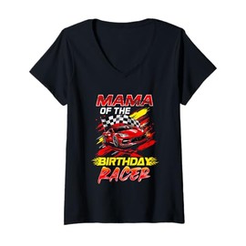 Womens Mama Of The Birthday Racer Race Car Party Family Matching V-Neck T-Shirt