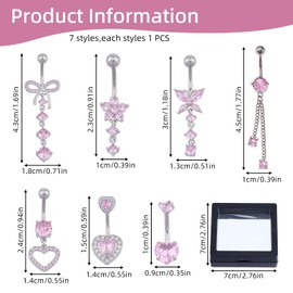 NICENEEDED Pack of 7 Belly Rings Stainless Steel for Women Belly Rings with Pink Heart Zirconia Belly Jewellery