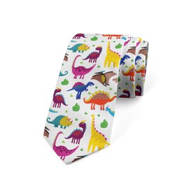 Ambesonne Necktie, Colorful Funny Dinosaurs, 3.7", White and Multicolor